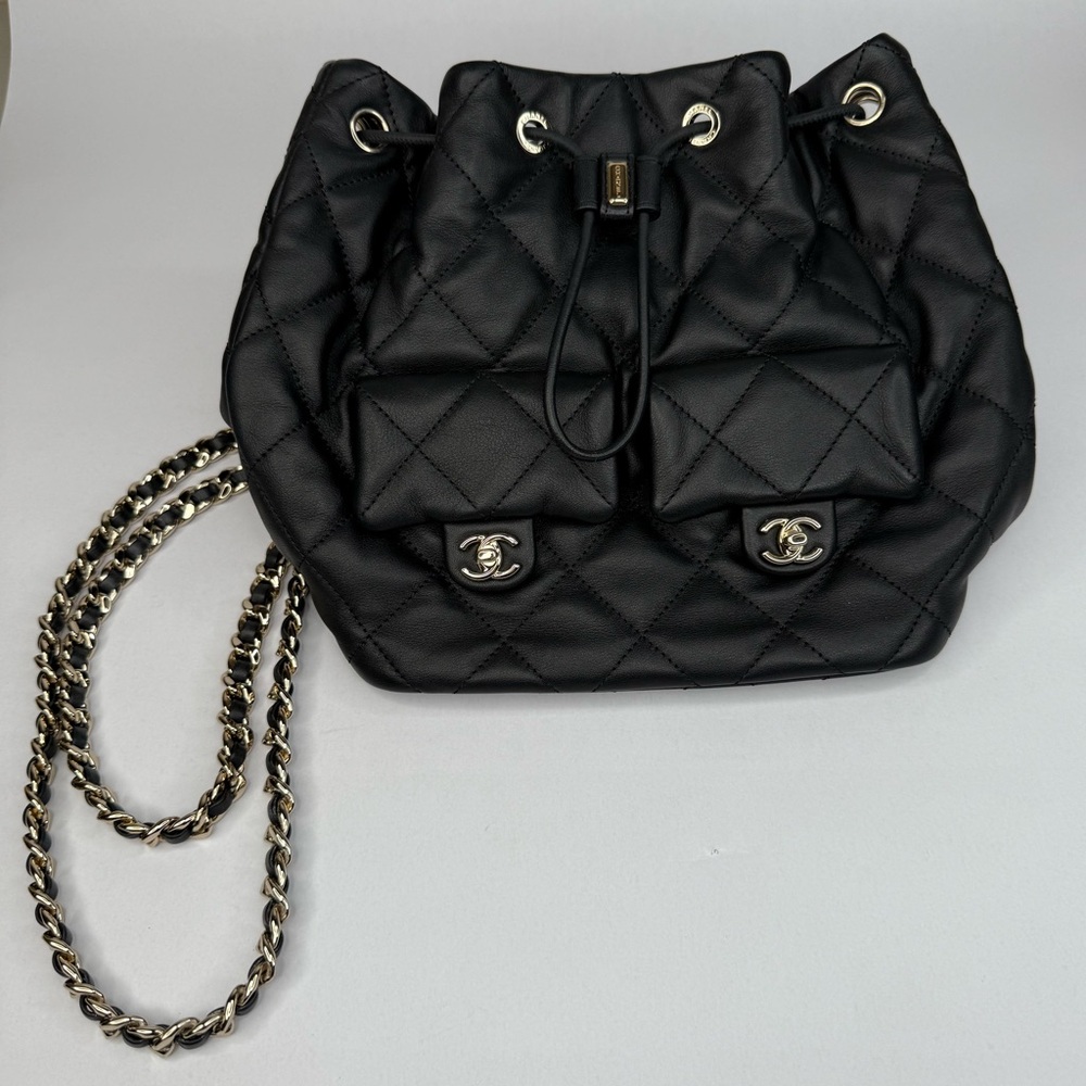 Chanel Black Quilted Leather Drawstring Bag